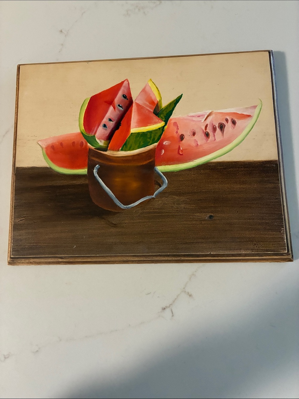 Vintage Hand painted Watermelon and Bucket on Wood